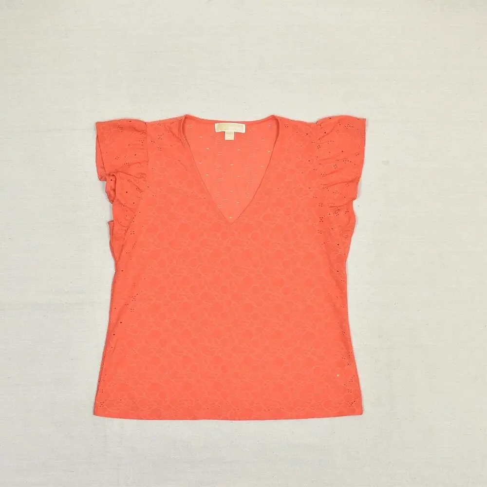 Michael Kors Women's Blouse V Neck Short Sleeve Floral Polyester Orange Size L